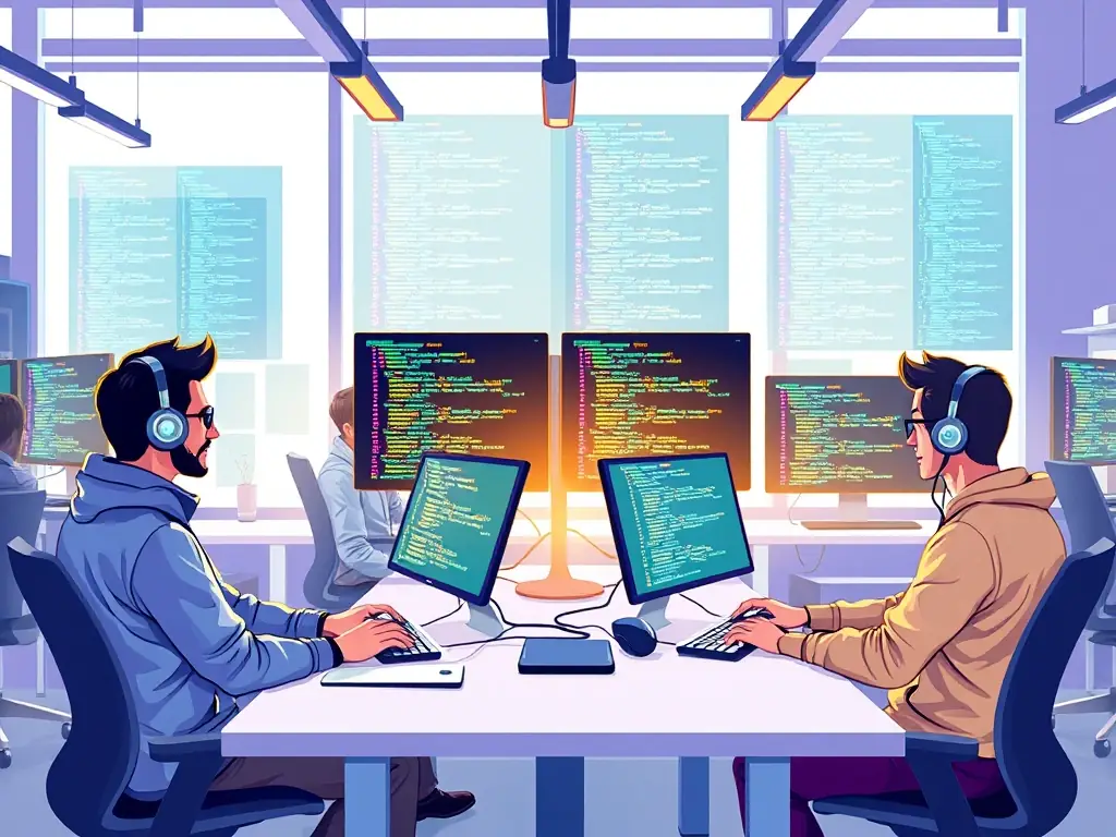An image showing a team of software developers collaborating on a project, with a focus on teamwork and problem-solving.