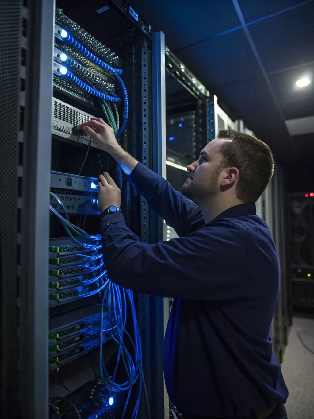 A technician performing maintenance on a network device, representing the technical management expertise of DRC SERVICES & CO LIMITED.