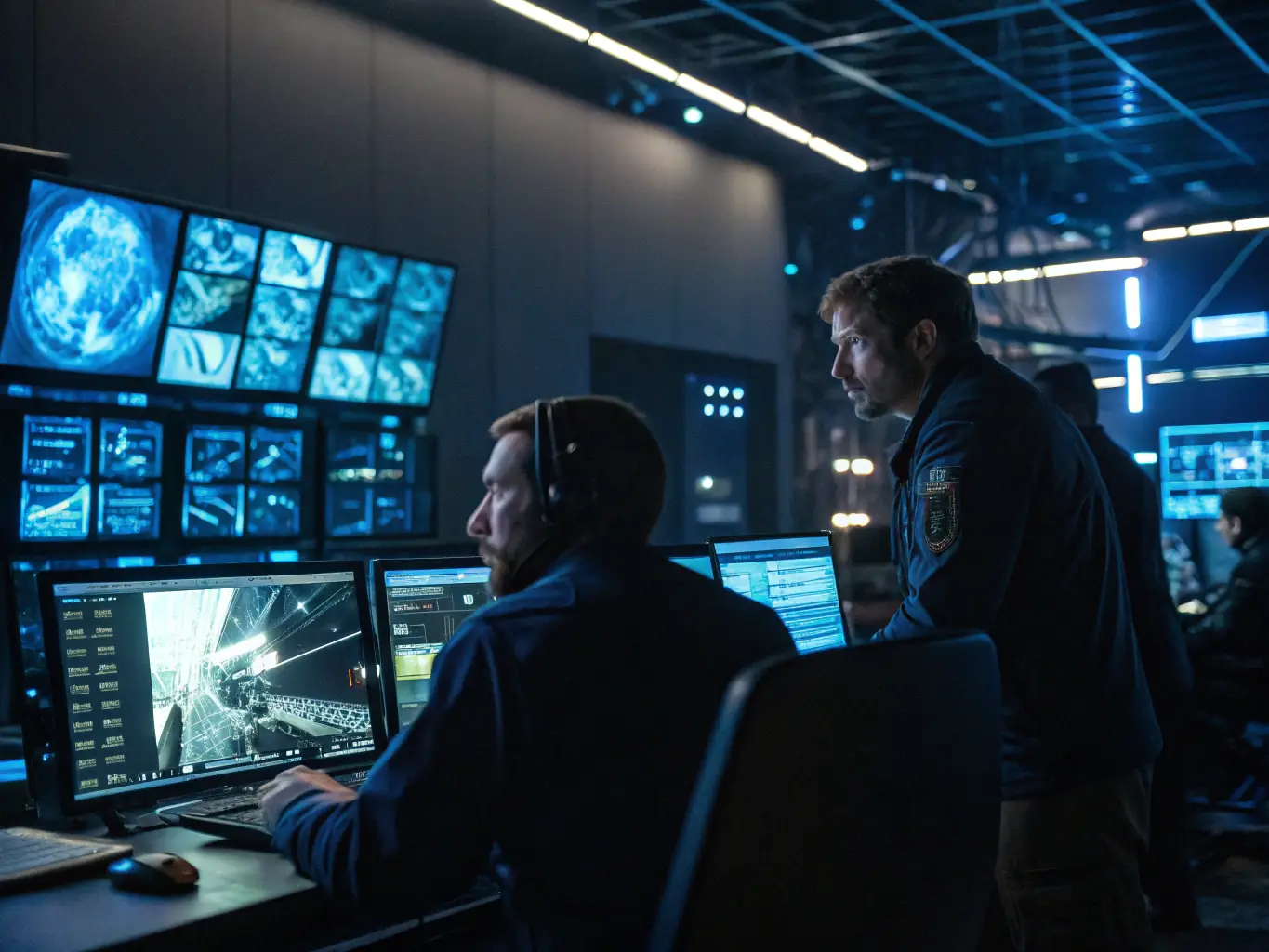 An image depicting a network operations center with multiple monitors displaying system metrics and infrastructure dashboards, emphasizing proactive monitoring and technical management.