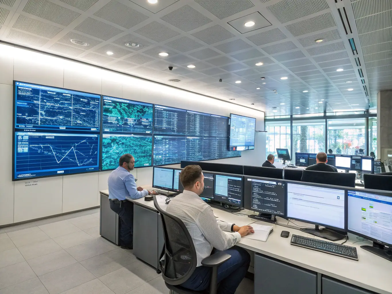 An image depicting a network operations center with multiple monitors displaying system metrics and infrastructure dashboards, representing IT infrastructure monitoring.