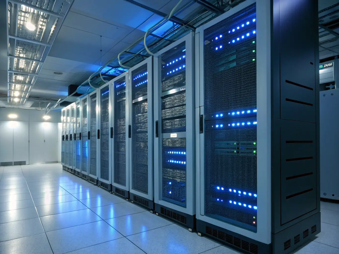 An image showing a secure data center environment with servers and networking equipment, highlighting the importance of data security and infrastructure management.