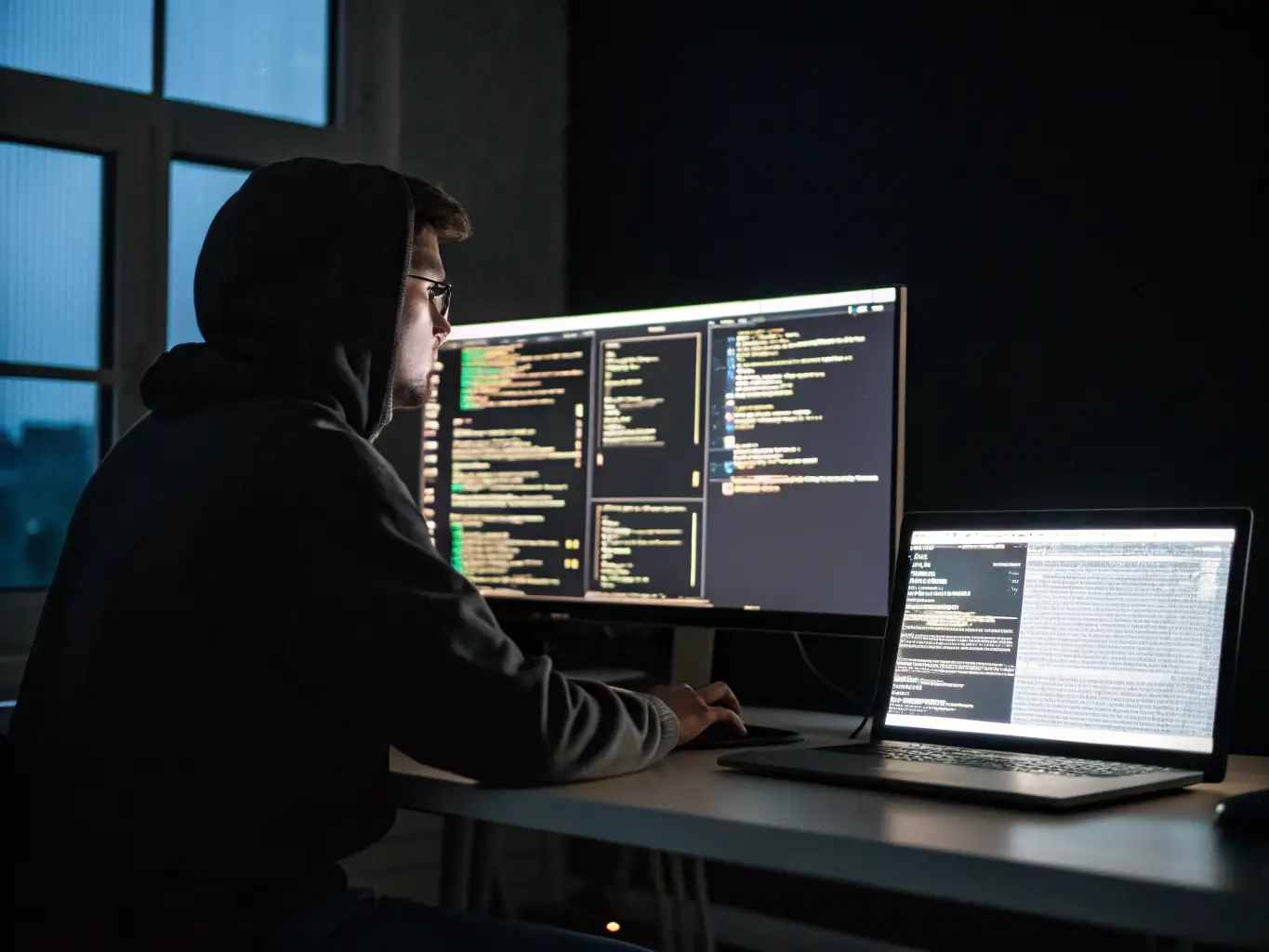 An image showing a developer working on code on a computer screen, with diagrams of software architecture in the background, symbolizing custom software solutions.