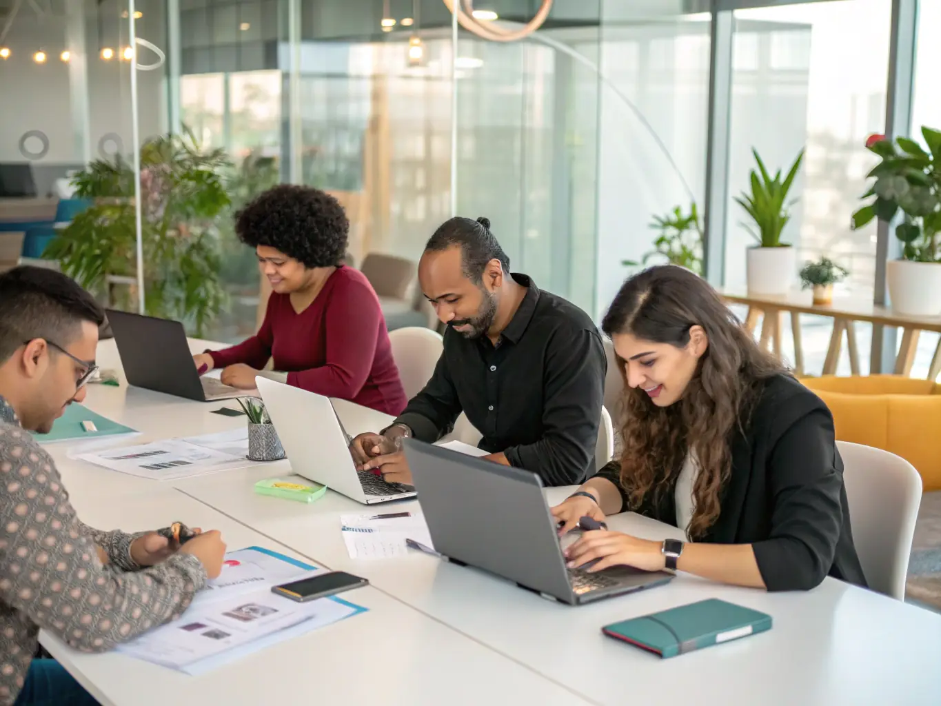A modern office environment with IT professionals collaborating on a project, showcasing technical support and system administration.