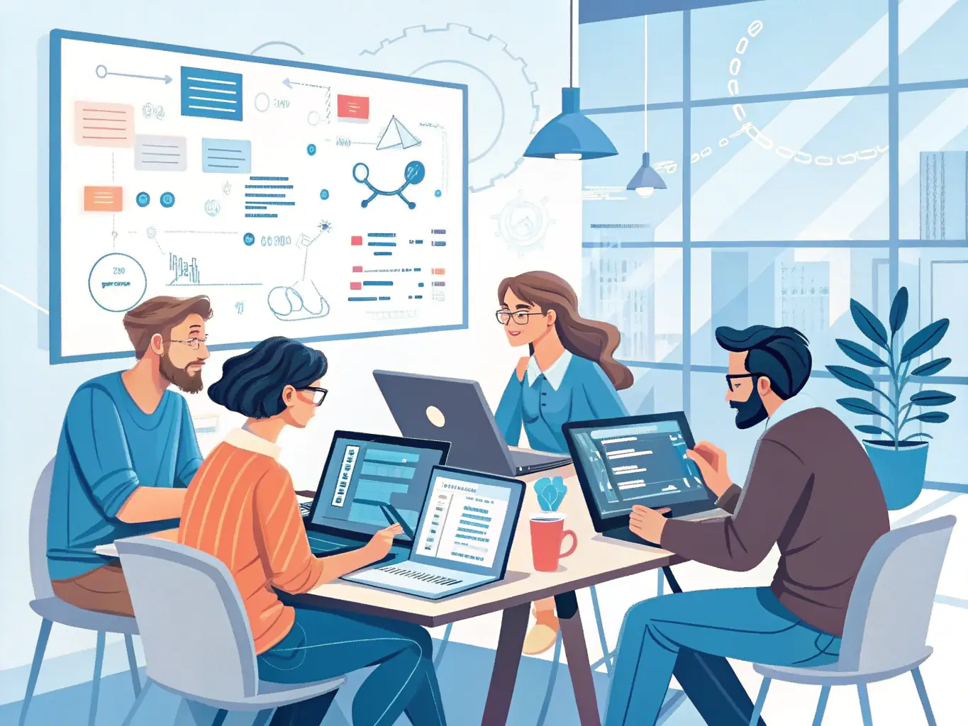 A team of software developers collaborating on a complex coding project, showcasing their expertise and attention to detail in creating custom software solutions.